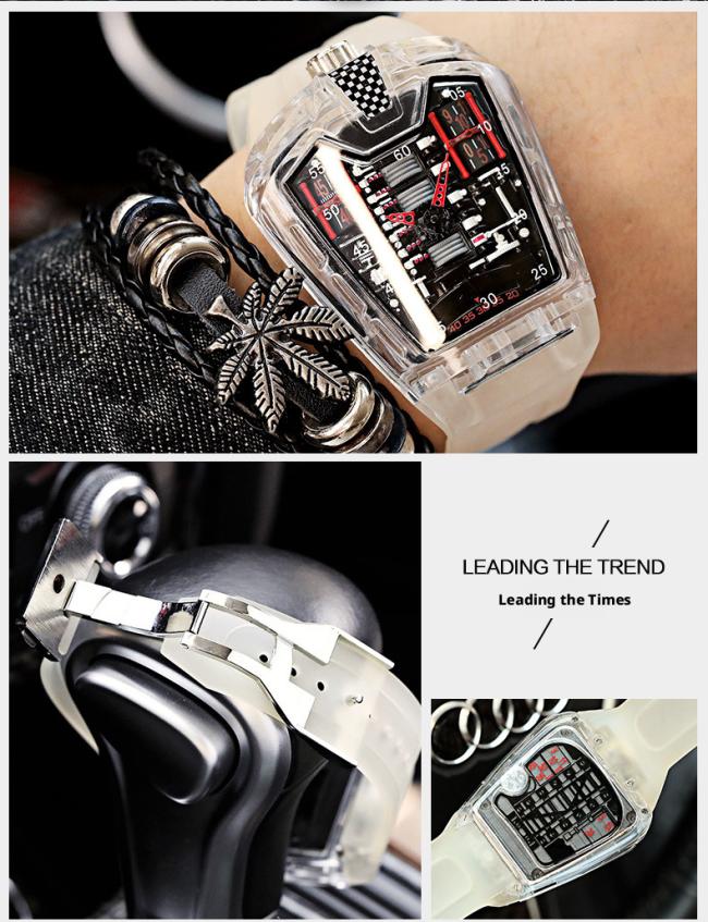Transparent Tonneau Skeleton Automatic Mechanical Watch Men, Luminous Hollow Dial Sports Wristwatch, Waterproof Rubber Strap Barrel Shape Watch 3 Color Cases