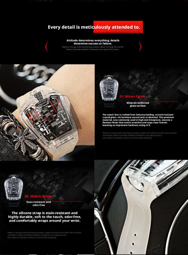 Transparent Tonneau Skeleton Automatic Mechanical Watch Men, Luminous Hollow Dial Sports Wristwatch, Waterproof Rubber Strap Barrel Shape Watch 3 Color Cases