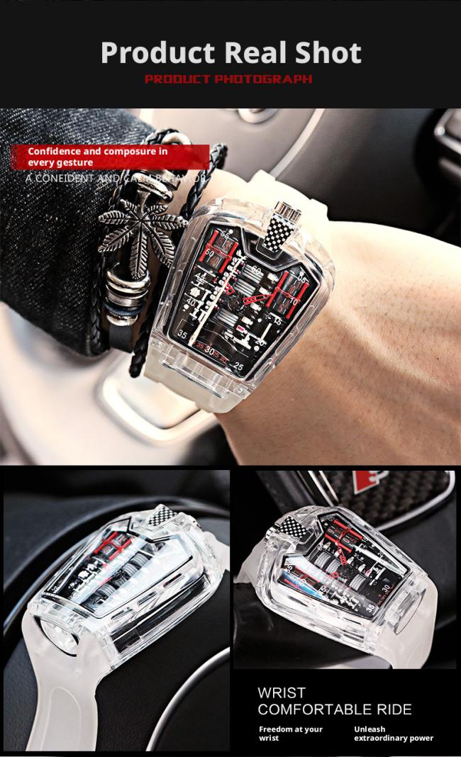 Transparent Tonneau Skeleton Automatic Mechanical Watch Men, Luminous Hollow Dial Sports Wristwatch, Waterproof Rubber Strap Barrel Shape Watch 3 Color Cases