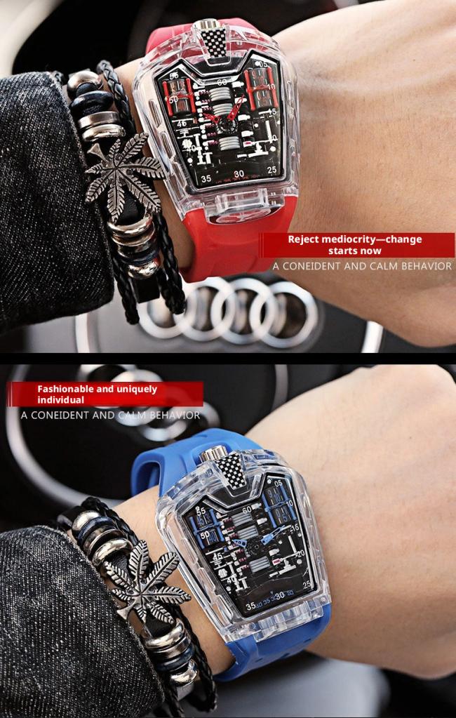 Transparent Tonneau Skeleton Automatic Mechanical Watch Men, Luminous Hollow Dial Sports Wristwatch, Waterproof Rubber Strap Barrel Shape Watch 3 Color Cases