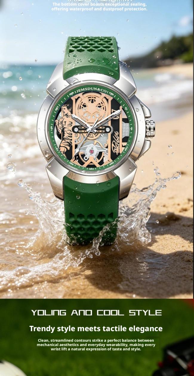 Tonneau Hollow Skeleton Automatic Mechanical Watch Men, 3 Colors Silicone Strap Luminous Waterproof Futuristic Barrel Sports Wrist Watch