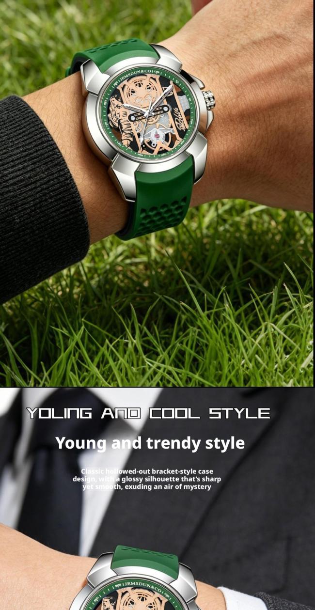 Tonneau Hollow Skeleton Automatic Mechanical Watch Men, 3 Colors Silicone Strap Luminous Waterproof Futuristic Barrel Sports Wrist Watch
