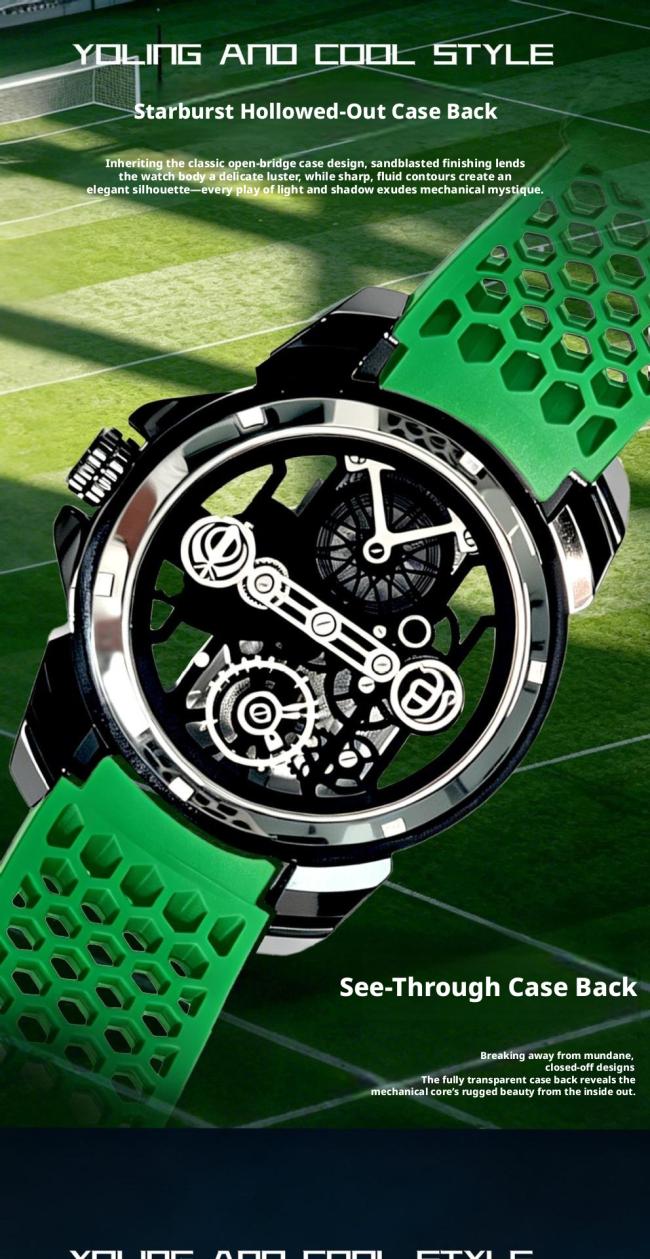 Tonneau Hollow Skeleton Automatic Mechanical Watch Men, 3 Colors Silicone Strap Luminous Waterproof Futuristic Barrel Sports Wrist Watch