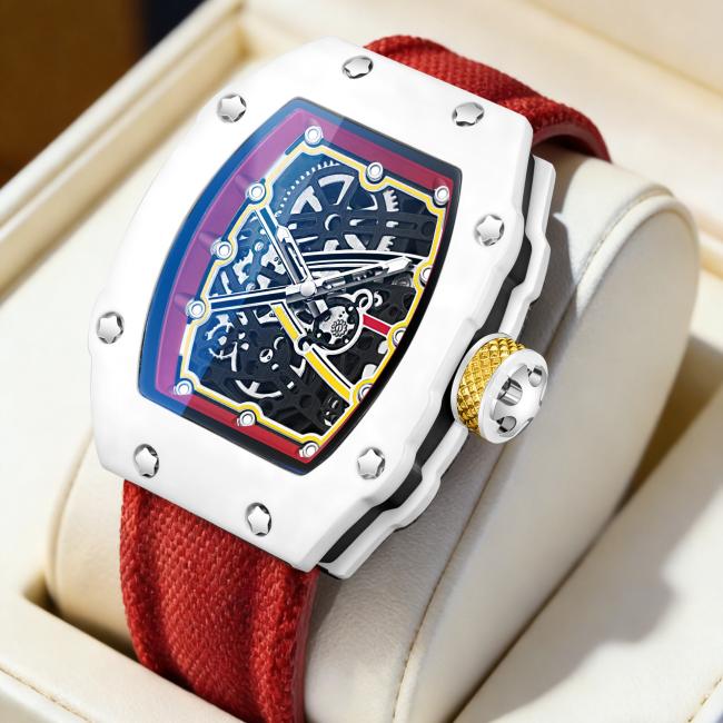 Tonneau Hollow Skeleton Automatic Mechanical Watch Men, 3 Colors Silicone Strap Luminous Waterproof Futuristic Barrel Sports Wrist Watch