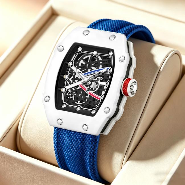 Tonneau Hollow Skeleton Automatic Mechanical Watch Men, 3 Colors Silicone Strap Luminous Waterproof Futuristic Barrel Sports Wrist Watch