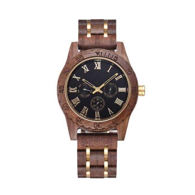 Vintage Walnut Wood Watch for Men, Multi-Functional Calendar Week 24H Display Quartz Wrist Watch, Custom Logo Wooden Business Watch