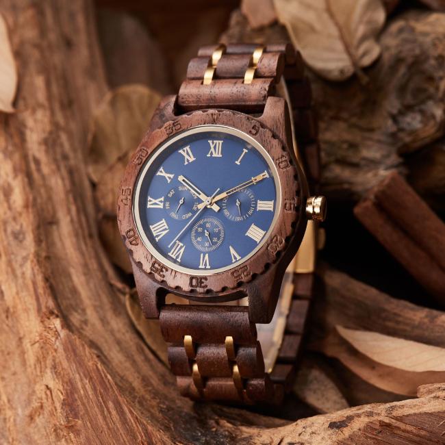 Vintage Walnut Wood Watch for Men, Multi-Functional Calendar Week 24H Display Quartz Wrist Watch, Custom Logo Wooden Business Watch