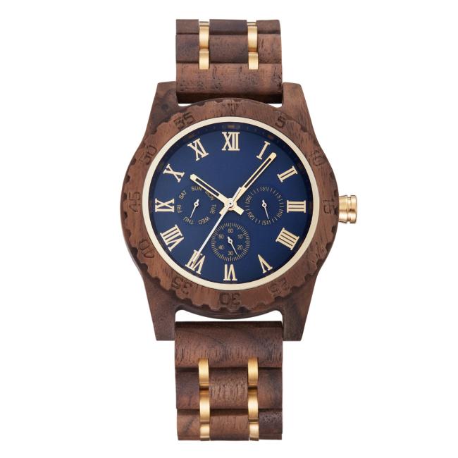 Vintage Walnut Wood Watch for Men, Multi-Functional Calendar Week 24H Display Quartz Wrist Watch, Custom Logo Wooden Business Watch