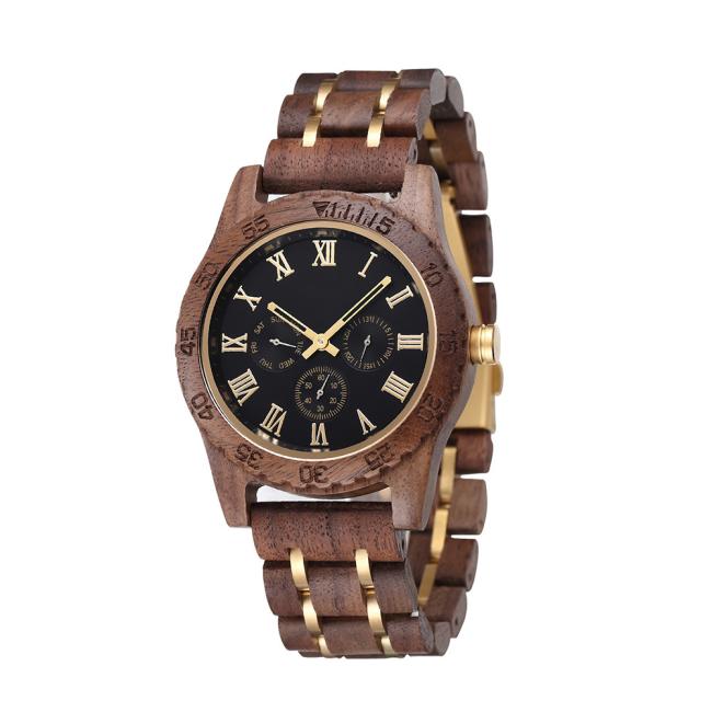 Vintage Walnut Wood Watch for Men, Multi-Functional Calendar Week 24H Display Quartz Wrist Watch, Custom Logo Wooden Business Watch