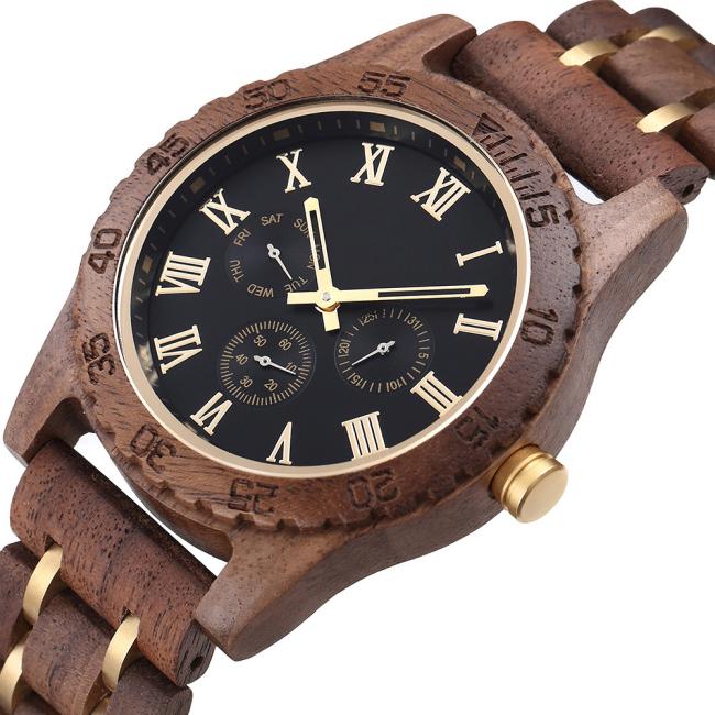 Vintage Walnut Wood Watch for Men, Multi-Functional Calendar Week 24H Display Quartz Wrist Watch, Custom Logo Wooden Business Watch
