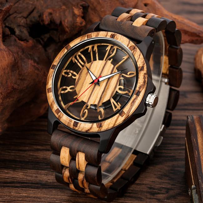 Fashion Hollow Colorful Bamboo Wood Quartz Watch for Men, Retro Mixed Wooden Strap Wrist Watch Custom Logo