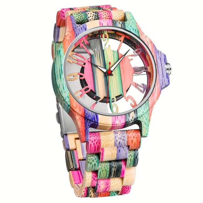 Fashion Hollow Colorful Bamboo Wood Quartz Watch for Men, Retro Mixed Wooden Strap Wrist Watch Custom Logo
