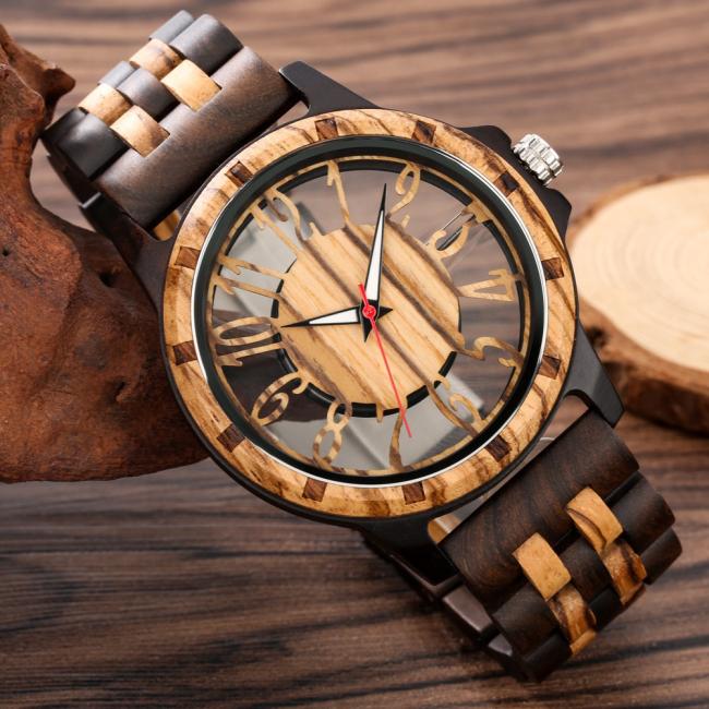 Fashion Hollow Colorful Bamboo Wood Quartz Watch for Men, Retro Mixed Wooden Strap Wrist Watch Custom Logo
