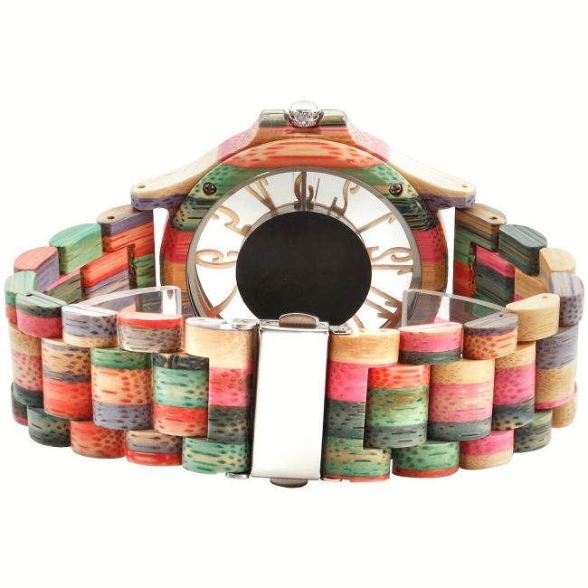 Fashion Hollow Colorful Bamboo Wood Quartz Watch for Men, Retro Mixed Wooden Strap Wrist Watch Custom Logo