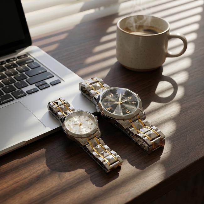 His and Hers Couple Watches - Matching Quartz Set, Date Display, Luminous, Waterproof