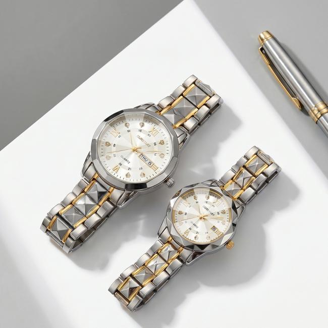 His and Hers Couple Watches - Matching Quartz Set, Date Display, Luminous, Waterproof
