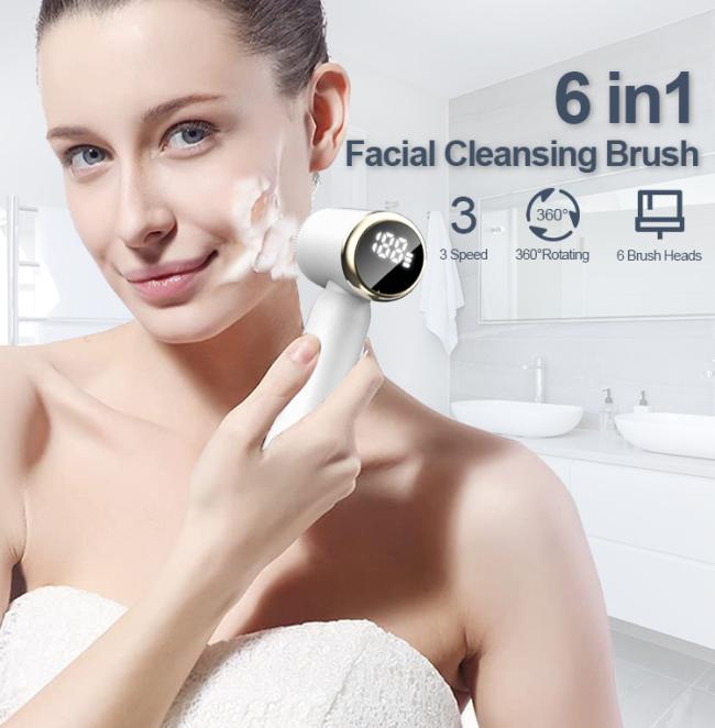 6-in-1 Electric Facial Cleansing Brush with LED display