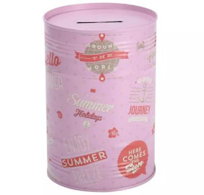 China Cylindrical Sealed Metal Piggy Bank Retro Summer Style Pattern Money Box for sale