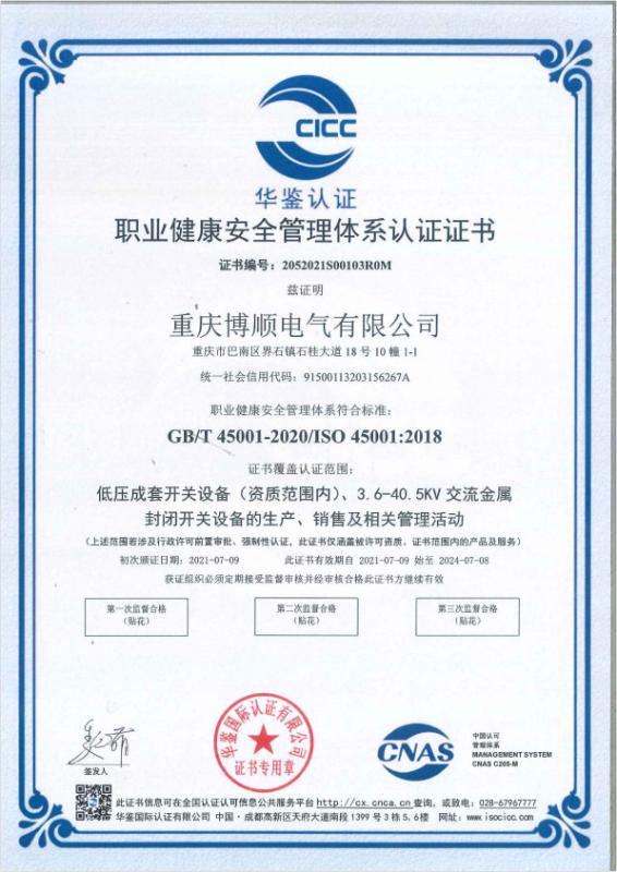 GB/T45001-2020/ISO45001:2018 - Chongqing Bosun Electrical Co., Ltd.