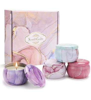 China AROMA HOME 4 pcs Hot Sales Custom Wholesale Luxury Gift Set Metal Aroma Tins Jar Dried Flowers Soy Wax Scented Candles for sale