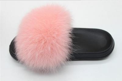 China Pink Fluffy Real Fox Fur Slippers Soft Anti Slip EVA Sole With 5-11 UK Sizes for sale