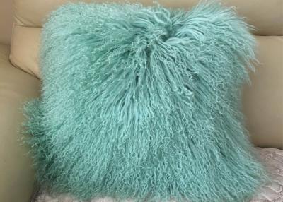 China Mint Green Real Mongolian Fur Pillow 16 Inch Square With Zipper Closure for sale