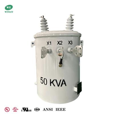 China Transformador monofásico de 50 kVA montado en poste, listado por UL, 4160 V a 240 V 480 V, normas ANSI IEEE en venta