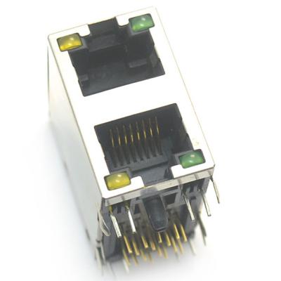 China 2 ports rj 45 8p8c ethernet connector modular jack connector right angel through hole with shielded with led for sale