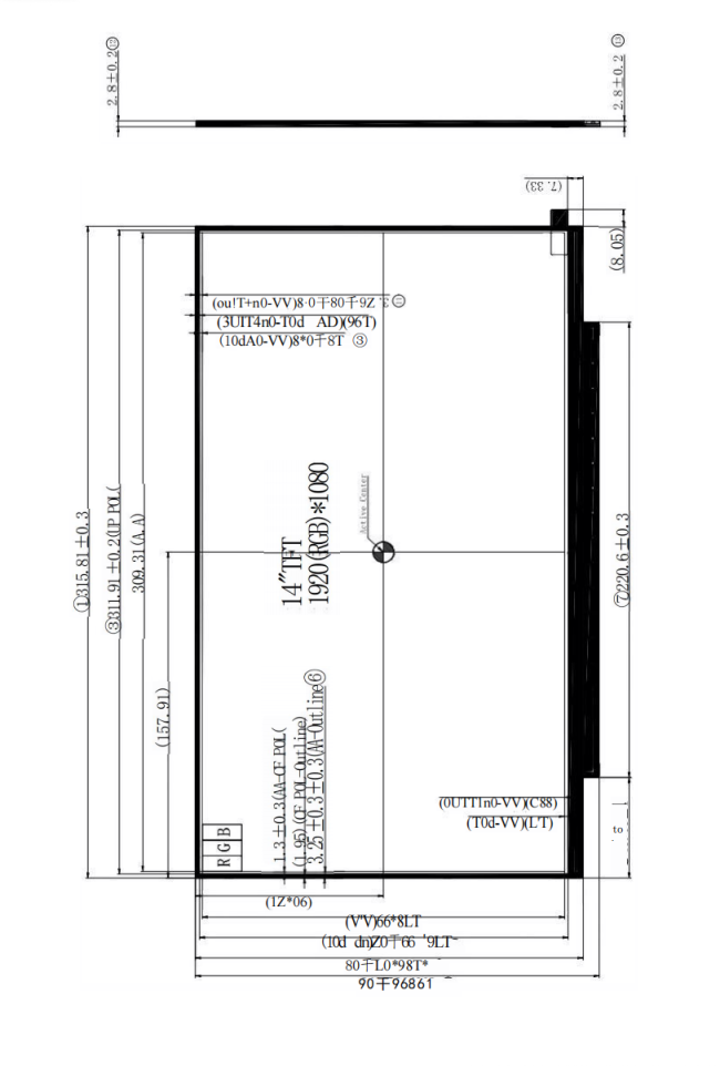 14 inch straight PCB TFT LCD module mechanical dimensions
