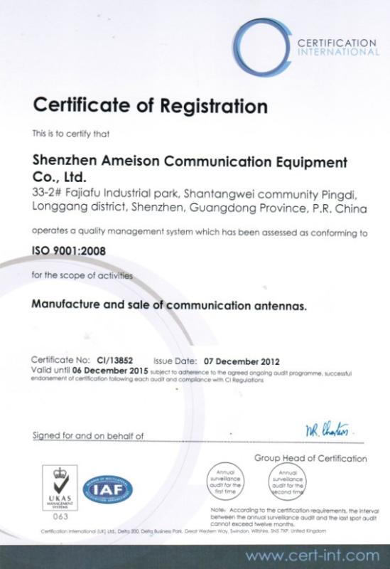 ISO 9001:2008 Certificate(en) - Shenzhen Ameison Communication Equipment Co.,Ltd.