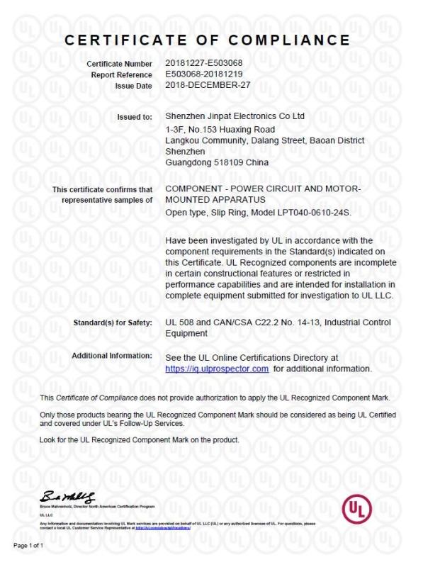 UL CERTIFICATE OF COMPLIANCE - JINPAT Electronics Co., Ltd