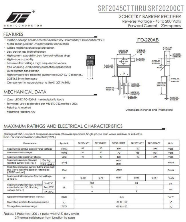 SRF20100CT 20A 100V Schottky Barrier Rectifier Diode with ITO-220AB