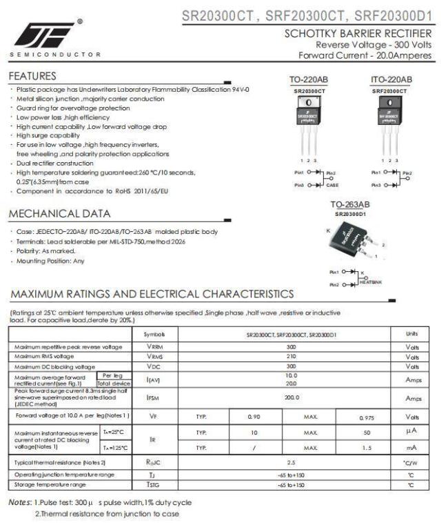 SRF20300CT 20A 300V Schottky Barrier Rectifier Diode with ITO-220AB