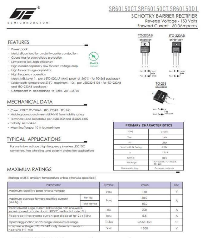 SRF60150CT 60A/150V Schottky Barrier Rectifier Diode with ITO-220AB