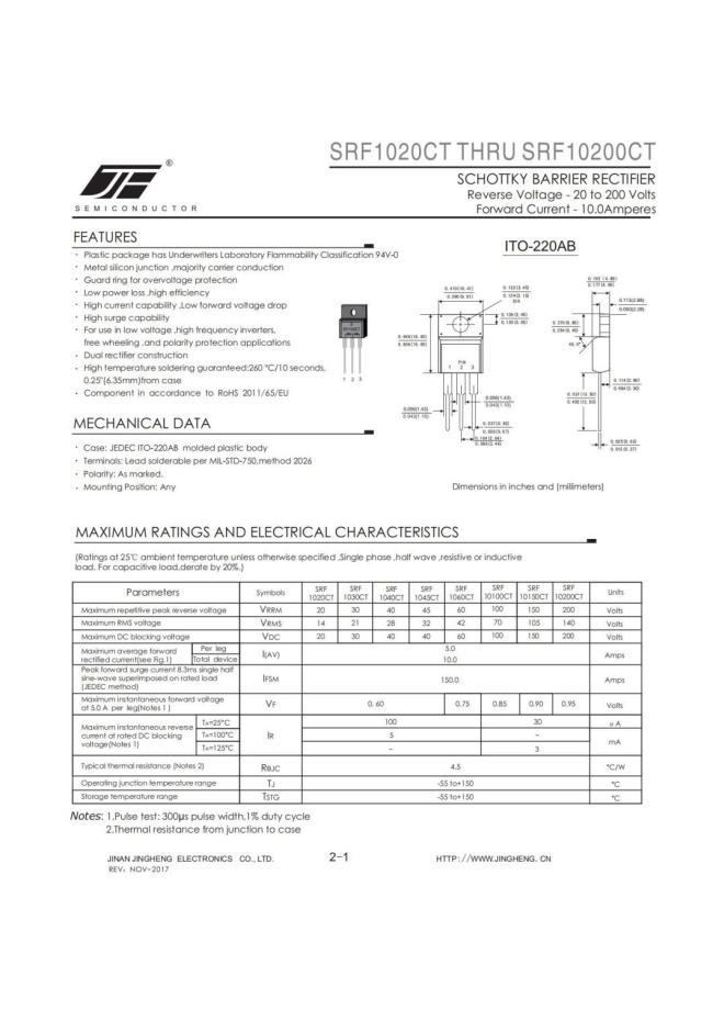 SRF1020CT/SRF1040CT/SRF1045CT/SRF1060CT/SRF10100CT/SRF10150CT/SRF10200CT/SRF10300CT 10A SCHOTTKKY BARRIER RECTIFIER DIODE WITH ITO-220AB CASE