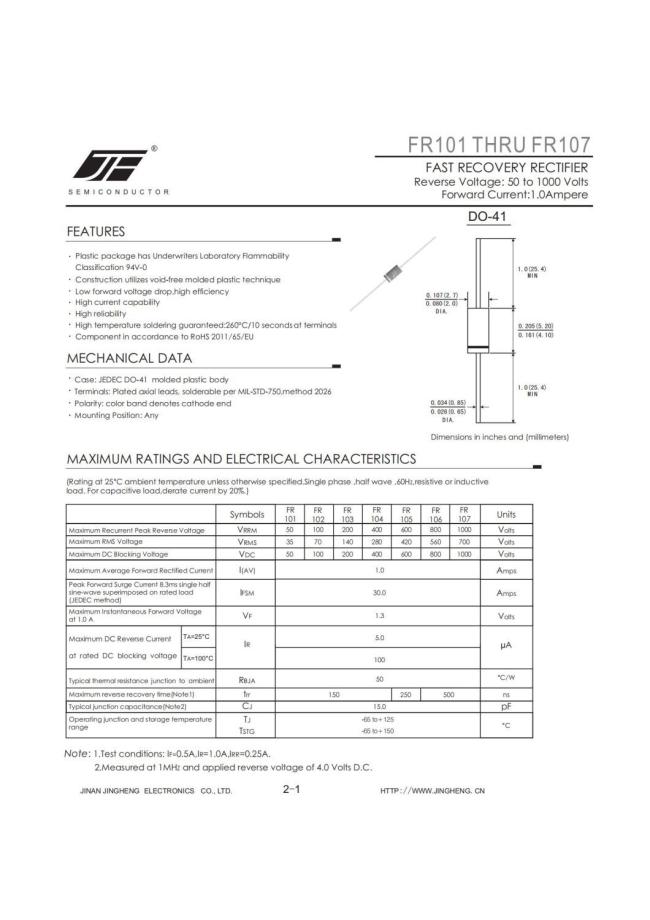 FR101 FR107 FAST RECOVERY DIODE WITH DO-41 PACKAGE