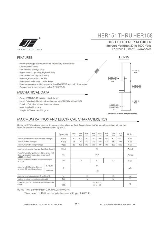 HER151/HER155/HER156/HER157/HER158 HIGH EFFICIENCY DIODE