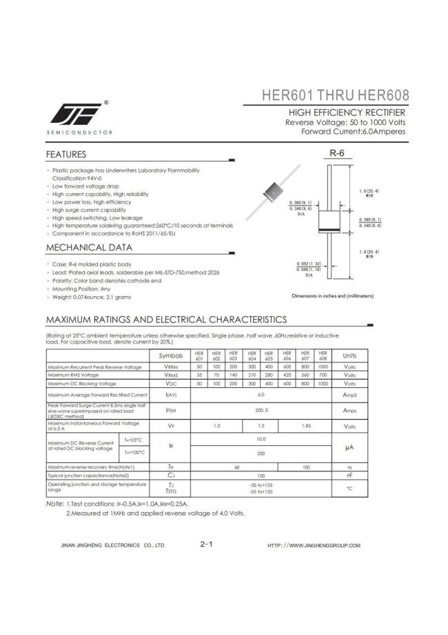 HER601/HER602/HER603/HER604/HER605/HER606/HER607/HER608 6A HIGH EFFICIENCY RECTIFIER DIODE WITH R-6 PACAKGE