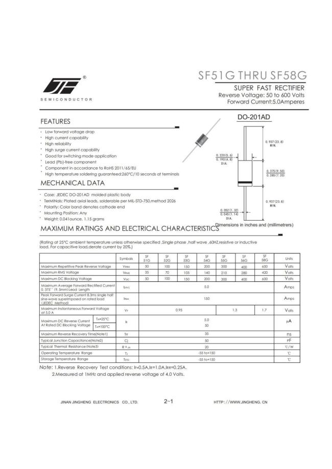 SF51G/SF54G/SF56G/SF57G/SF58G SUPER GPP JUNCION FAST RECOVERY DIODE WITH DO-201AD PACKAGE