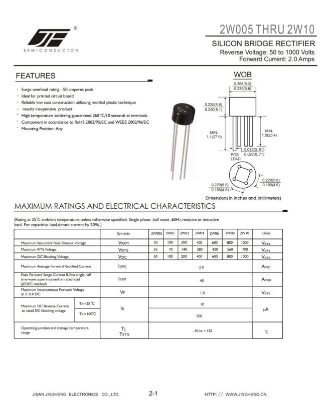 2W005 /2W02/2W04/2W06/2W08/2W10 BRIDGE RECTIFER DIODE WITH WOB PACKAGE