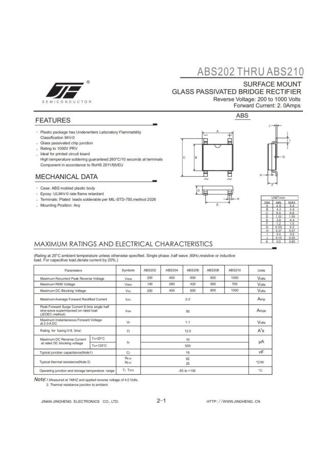 ABS202/ABS204/ABS206/ABS208/ABS210 SURFACE MOUNTGLASS PASSIVATED BRIDGE RECTIFIER WITH ABS PACKAGE