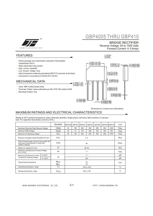 GBP402/GBP404/GBP404/GBP406/GBP408/GBP410 BRIDGE RECTIFIER DIODE