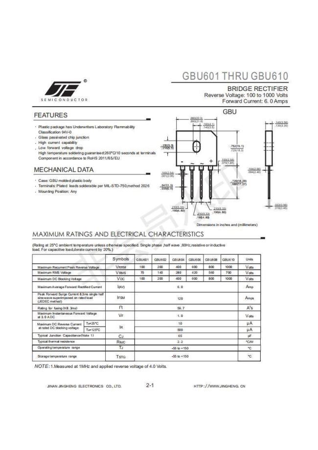 JF BRAND GBU606 6A/600V RECTIFIER BRIDGE