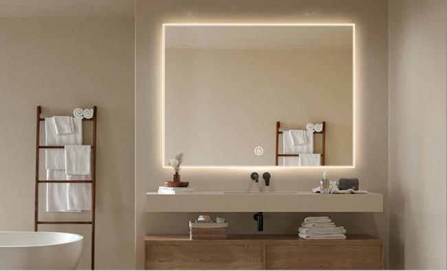 Acrylic frame smart touch LED mirror in bathroom setting