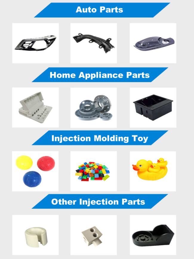Custom injection molded plastic parts showing complex geometries and surface textures