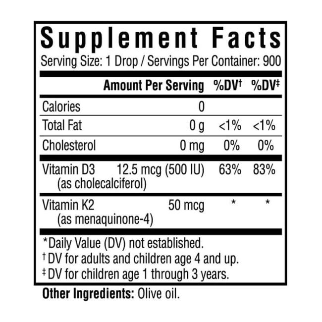 Close-up of Vitamin D3 + K2 Drops with ingredients label
