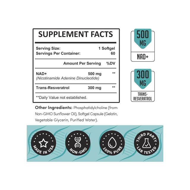 Close-up of Health Glow Liposomal NAD+ & Trans-Resveratrol softgels