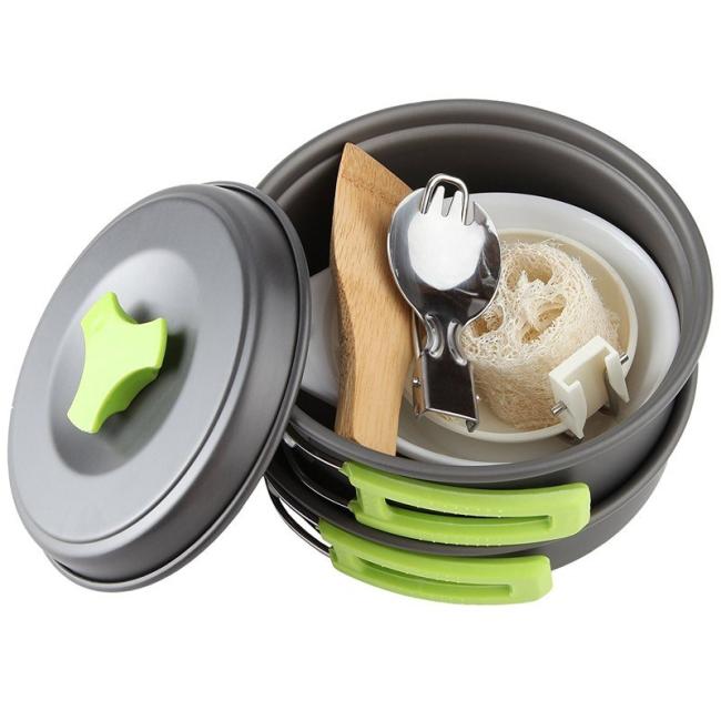 Outdoor 1-2 Person Camping Cooking Pot Set Aluminum Portable Cookware Mess Kit