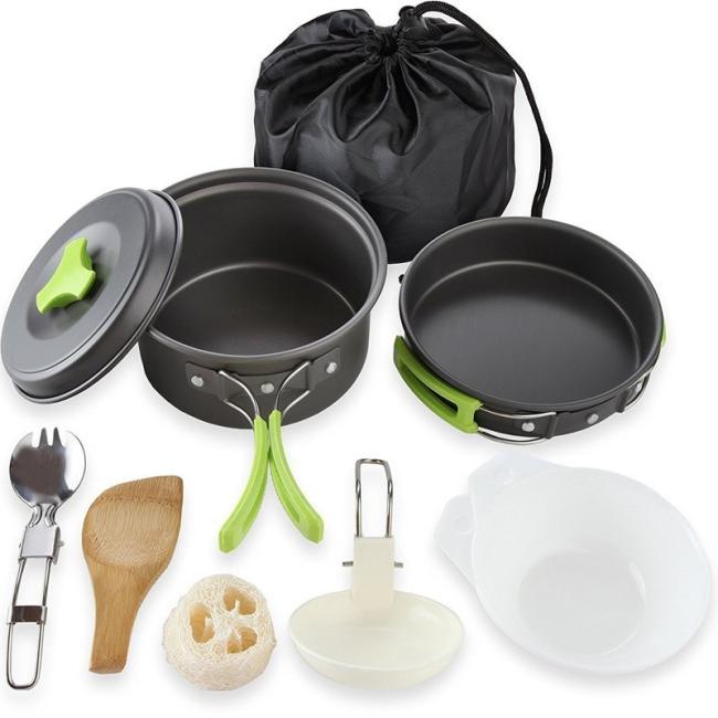 Outdoor 1-2 Person Camping Cooking Pot Set Aluminum Portable Cookware Mess Kit