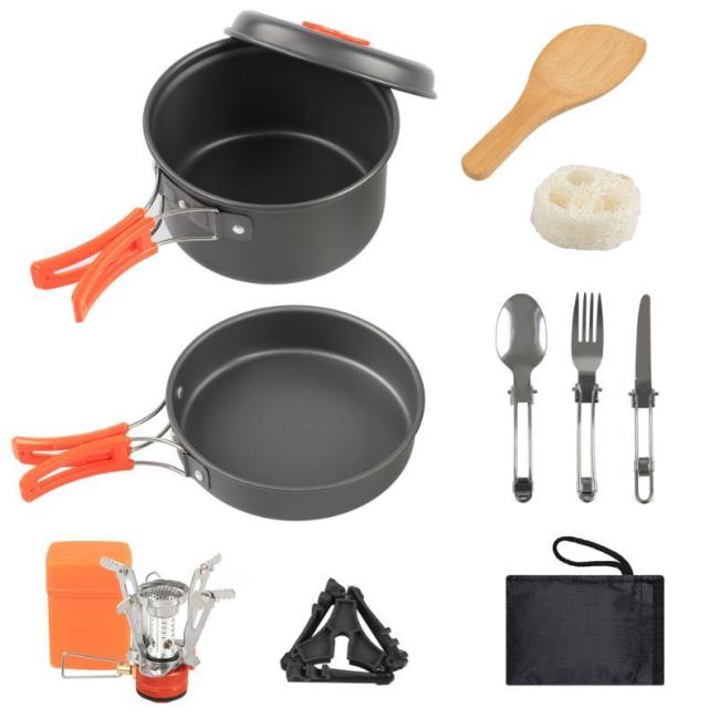 Outdoor Aluminum Camping Cookware Mess Kit with Backpacking Stove